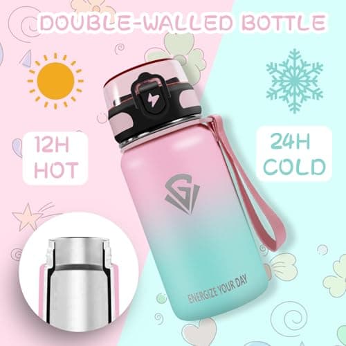 Grsta Gourde Enfant, Gourde Isotherme Sans BPA, Gourde 500ml Garçons & Filles, Gourde avec Paille, Réutilisable, Gourde Anti Fuite, Facile à Nettoyer, Gourde pour École, Bureau, Outdoor