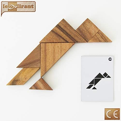 TANGRAM DOUBLE - à partir de 6 ans pour 1 à 2 joueurs, casse tête en bois massif aux normes CE. Difficulté 2/6 marque française Le Délirant, un puzzle avec plus de 64 figures à réaliser. Jeu de voyage