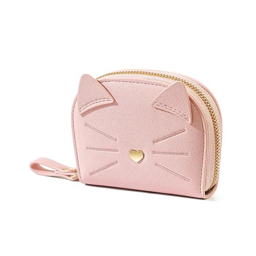 Porte Carte de Crédit Femmes, PU Cuir Porte-Cartes de Visite Protection RFID Portefeuille Porte Monnaie Fermeture Éclair Crédit Portefeuille avec 11 emplacements pour Cartes Women's Wallet,Rose Chaton