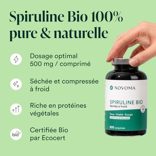 NOVOMA Spiruline 500 mg, 100% Pure Sans Excipient, Immunité & Anti-Fatigue, 19% de Phycocianine, Riche en Protéines, Minéraux & Vitamines, Conditionné en France, 500 Comprimés Vegan