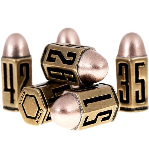 Set de Dés Métal en Forme de Balle/Bullet Dice Set - Six Dés JdR D6 en Laiton - Set de Dés 6 Faces Idéal pour Donjon et Dragon, Warhammer 40k, Jeu de Role,D&D, Accessoires RPG/Dungeons & Dragons/DND