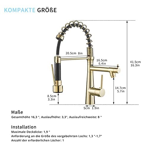 TIMACO - Robinet de cuisine doré - Avec ressort spiralé - Pivotant à 360° - Avec deux becs - Robinet de cuisine et douchette extensible - Haute pression