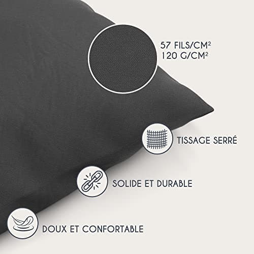 Taie Oreiller 50x70 Coton Renforcé (Set de 2) - Anthracite - Tissage serré de 57 Fils/cm2 - Taie Oreiller 50 x 70 cm- Certifié Oeko Tex
