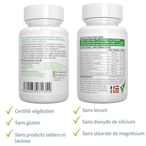 Vitamines du Complexe B Bioactives, 180 Petits Comprimés Végétalien à Haute Absorption avec Folate & Biotine. Énergie et Vitalité, Libération Prolongée