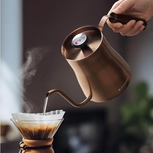 Navaris Bouilloire avec thermomètre - Bouilloire à café 1 L en acier inoxydable avec bec verseur col de cygne et poignée en bois - Infusion marc