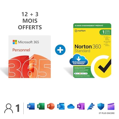 Microsoft 365 Personnel - Téléchargement - PC ou Mac - 1 personne - 15 Mois + NORTON 360 Standard - 15 Mois - PC/Mac - Code d'activation - envoi par email