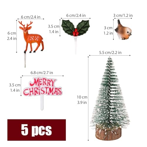 BETESSIN Ensemble de 5 Décoration Gâteau Noël Cake toppers Miniature Figurine Sapin Renne Oiseau Feuilles de Houx Joyeux Noël pour Cupcake Pâtisserie Desserts