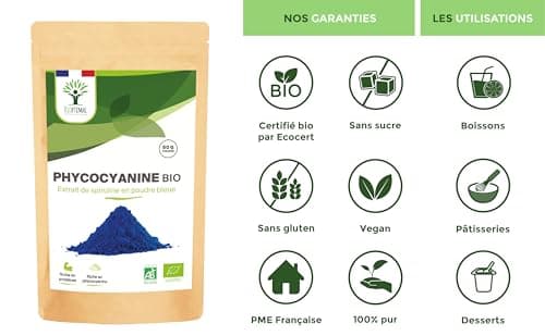 Spiruline Bleue Bio - Bioptimal - En Poudre - 30% Phycocyanine Blue 80% Protéines - Colorant Alimentaire Bleu Intense - Cuisine Recette - Contrôlé et Conditionné en France - Certifié Par Ecocert - 50g