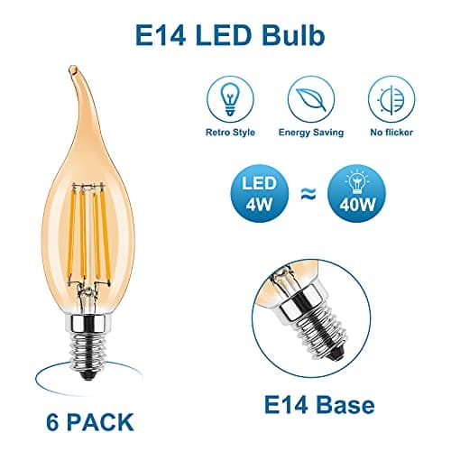 ProCrus E14 LED Dimmable Bougie Lampe Vintage 4W LED,Forme de Bougie pour Lustres,C35 Filament Bougies Ampoule LED,2700K Blanc Chaud,4W Ampoule LED Remplace 40W,400LM,Dimmable,Ambre,Lot de 6