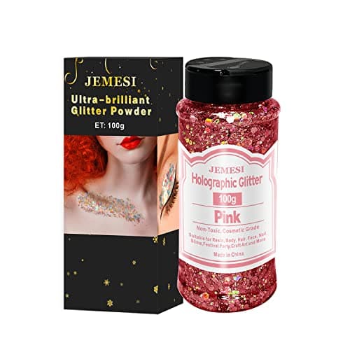 JEMESI Holographique Grosses Paillettes, 100g Rose Sequins Glitter, Paillettes pour Visage, Corps, Cheveux, Résine Epoxy, Paillette Visage Festival