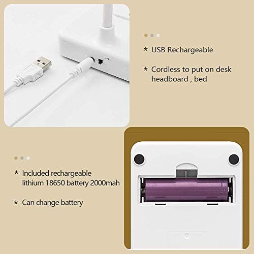 MAYTHANK Lampe de Bureau LED Sans fil Rechargeable USB Batterie 2000mah, Tactile Dimmable Intensité 3 Couleurs Modes, Portable Lampe Lecture Livre Pile de Table Enfant Chambre Chevet