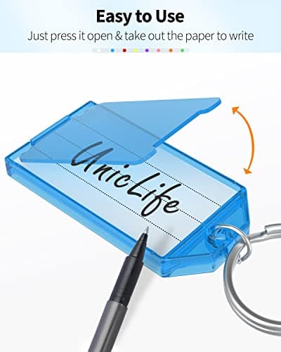 Uniclife 20 Pièces Porte Clés Porte Clef en Plastique de 5 cm avec Étiquettes en Papier Vierge Lignées Couvercles Transparents et Anneaux Fendus Identificateurs d'articles Robustes, 8 couleurs
