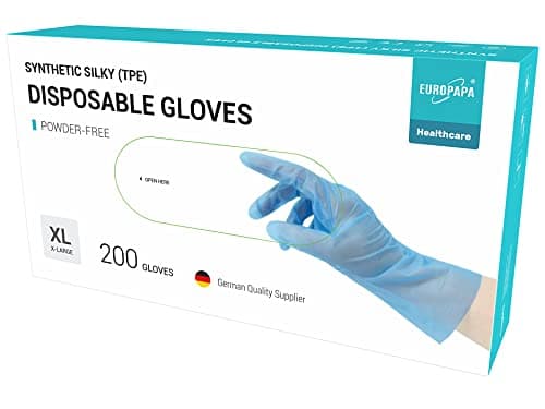 EUROPAPA® Lot de 100, 200, 300, 450 pièces - En TPE transparent et bleu - Gants jetables en caoutchouc sans latex - Non poudrés - Tailles S, M, L, XL (Bleu-200, XL)