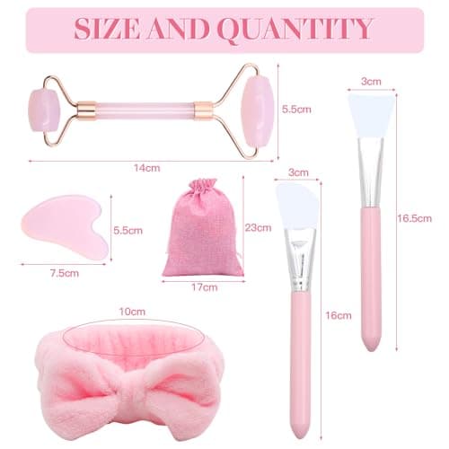 VEGCOO Quartz Rose Rouleau Gua Sha Kits, Jade Roller Visage et Pierre de Guasha, Massage pour Visage Cou Corps Muscles