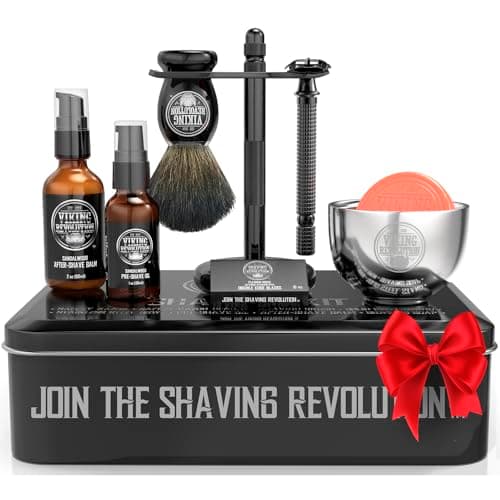 Viking Revolution - Kit Rasage Homme Complet de Luxe - Comprend un Rasoir de Sécurité, un Support, un Bol, un Baume Après-Rasage, une Huile Avant-Rasage & un Blaireau - Cadeau Homme