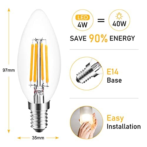 Ampoule LED E14 Dimmable, 4W Ampoule Filament Bougie E14 équivalent Incandescente 40W, Blanc Chaud 2700K, 400LM Ampoules Filament Vintage LED Dimmables, Lot de 6