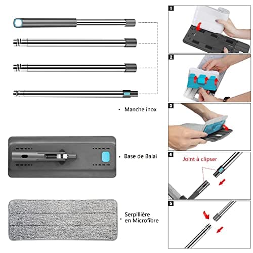 MASTERTOP Balai Microfibre et Seau Essoreur, Serpillière Plat Rotatif 360° et Seau Auto-Lavage, Vadrouille de Mains Libre pour Nettoyage de Sol, avec 6 Serpillières Réutilisables (Gris foncé)