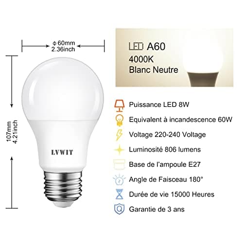 LVWIT 8W E27 Ampoules LED, 4000K Blanc neutre, Equivalent 60W Incandescent Standard A60 givré ampoule 806lm, Non Dimmable, 6 paquets