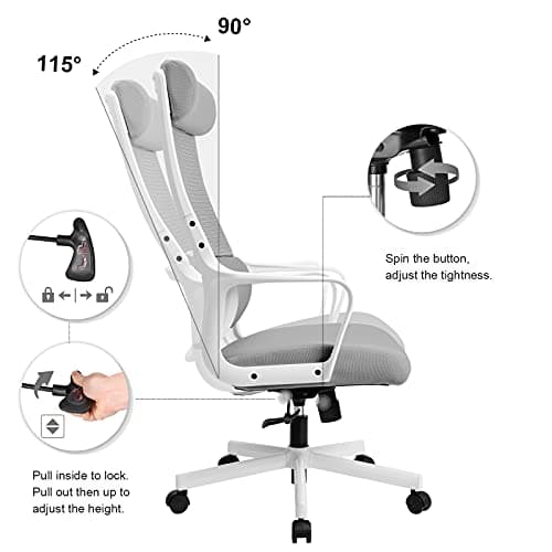 MELOKEA Chaise de Bureau Ergonomique, Fauteuil Bureau avec Support Lombaire Ergonomique et Appui-tête Réglable, Chaise en Maille Respirante, Siège Bureau Réglable en Hauteur, Conforme à en 1335, Gris