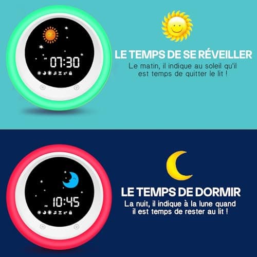 I·CODE Réveil Enfant, Réveil d’Apprentissage au Sommeil pour Enfant, avec Affichage de la Lune et du Soleil, veilleuse, Alarme et Son favorisant Le Sommeil intégrés
