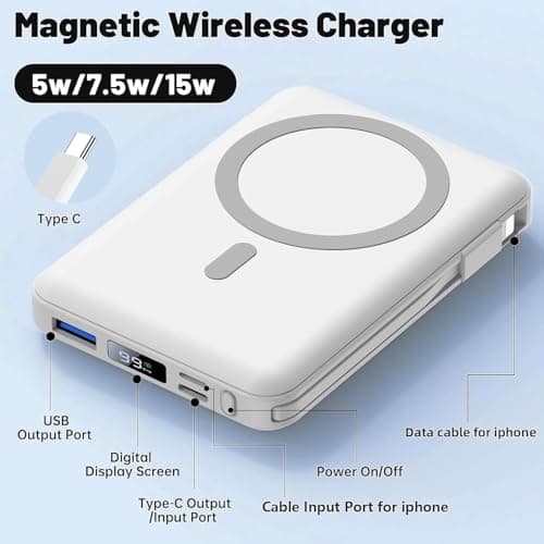 Azmuth Batterie Externe Magnétique Compatible avec MagSafe, 10000mAh sans Fil PowerBank Charge Rapide PD 22.5W avec 2 Câble et Support et Affichage LED, Compatible iPhone 16/15/14/13/Pro/Pro Max/Plus