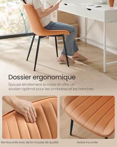 SONGMICS Lot de 2 Chaise Salle à Manger, Chaise Cuisine, Supportant Jusqu’à 120 kg, Pied en Acier, Dossier Ergonomique, pour Salle à Manger, Cuisine, Marron Caramel et Noir d'encre LDC090K01