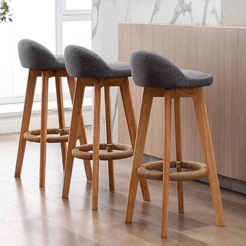 Lot de 2 Tabourets de Bar Gris, Chaises de Bar de Comptoir de Cuisine avec Siège en Tissu Rembourré, Pieds en Bois Massif, Tabourets de Bar Rotatifs à 360° Chaises Hauts de Salle à Manger (63cm)