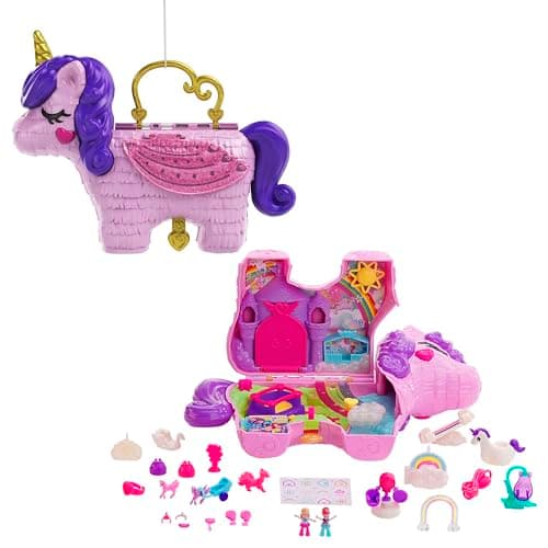 Polly Pocket Coffret Licorne en Fête avec Mini-Figurines Polly et Lila, Plusieurs Zones de Jeu, 25 Surprises et Accessoires, Jouet pour Enfant, GVL88