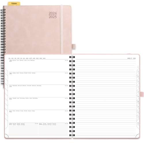 POPRUN Agenda 2025 Semainier D'août 2024 à déc 2025 Scolaire - Couverture Souple à Spirale, Onglets Mensuels, Papier 80 g/m2, Boucle de Stylo Autocollante - Format 26,5 x 21,5 cm, Rose Doux