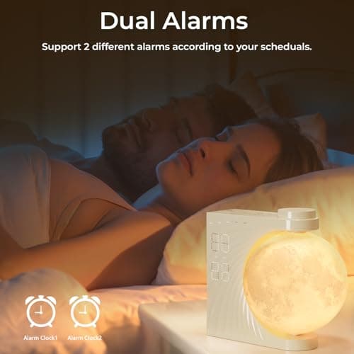 INSSISAIN Mondlampe mit Wecker, 10 beruhigende Töne mit bunter Lichtmodus, Wecklicht für Tisch, Schlafzimmer, Wohnzimmer, fonction snooze, lumière de réveil, 8 couleurs