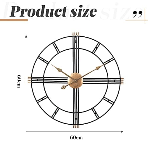 Yumyolk Horloge Murale Ronde, 60 cm, Silencieuse, Fonctionnement à Piles, Lunette Horloge Murale Ronde, 60 cm, Silencieuse, Fonctionnement à Piles, Noire, Aiguilles Or, Chiffres Romains Noirs