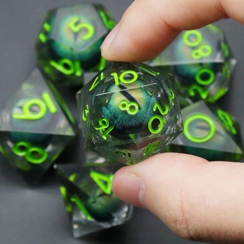 FONVGOGO Dés JDR Dés Jeu de Role pour Donjon et Dragon, Set de Dés JDR 7 Pièces Dés Œil de Dragon Mobile des Noyau Liquide Résine Polyédriques DND Dice Set (Vert)
