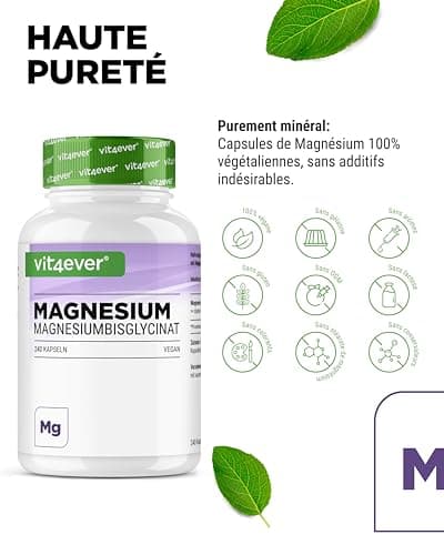Bisglycinate de magnésium - 240 gélules - Premium : Magnésium chélaté - 155 mg de magnésium élémentaire par gélule - Vegan - Formule à haute dose
