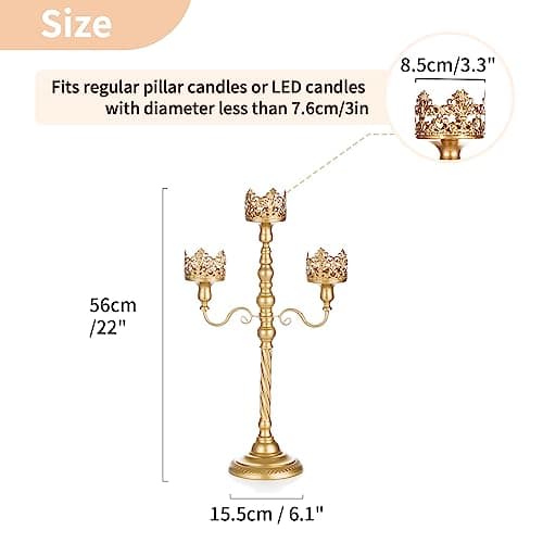 Nuptio Chandeliers Or 56cm 3 Bras Chandeliers Piliers Métal 3-Bougies Chandeliers Centrepiece Vintage Chandeliers pour Noël Pâques Anniversaire Fiançailles Mariage Décorations