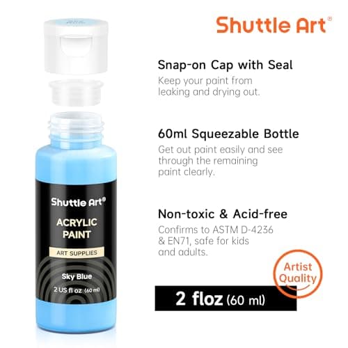 Shuttle Art 62PCS Kit Peinture Acrylique, 50 Couleurs (60ml) Peinture Acrylique avec 12 Pinceaux, Peintures pour Artiste Non Toxique, Acrylique Peinture pour Toile,Tissu pour Artiste, Débutant, Enfant