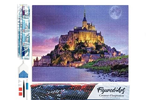 Figured’Art Diamond Painting Broderie Diamant 40x50cm Toile Entière Roulée avec Strass Perles Carrés - Le Mont Saint Michel - Kit Complet 5D DIY Activité Manuelle Loisirs Créatifs Adultes