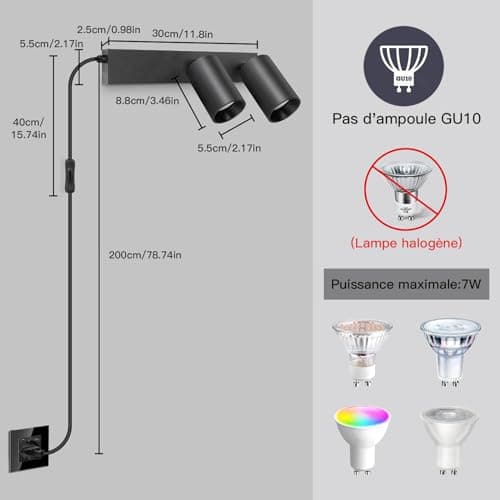 TaFiCo Applique Murale 2 Spots Interieur avec Interrupteur et Prise - Noir Lampe Murale Orientable 350°Spot Luminaire Mural Vintage pour Chambre Salon Cuisine Sans Ampoule