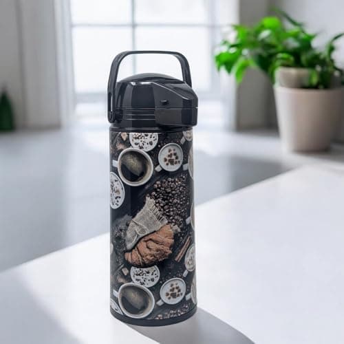 COM-FOUR® Carafe à pompe isotherme 1,9 L avec motif café - carafe à pompe isotherme de 1,9 litre en acier inoxydable avec insert en verre (01 pièce - 1,9 litre motifs café)