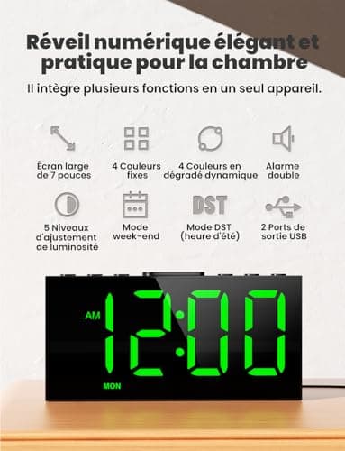 LIORQUE Réveil Numérique, Reveil Ado avec 4 Couleurs Dégradées et 4 Couleurs Fixes, 4 Modes D'alarme, 2 Alarmes, Réglage de La Luminosité, Snooze, 12/24 H, Port USB, Noir