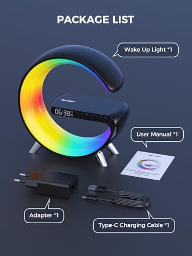 Smiling Shark Intelligente Lampe Ambiance, Lampes de Réveil Lumière avec Charge Sans Fil & Haut-Parleur Bluetooth Simulateur D'aube Dimmable Lampe de Reveil avec App Contrôle pour Chambre Salon