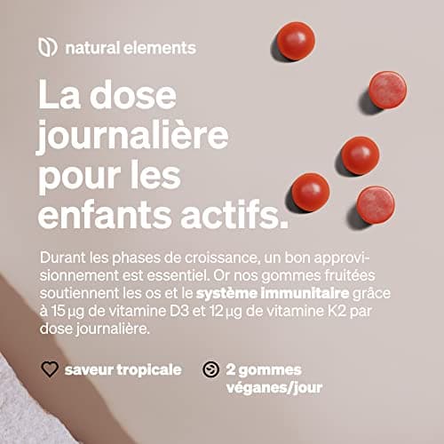 Gommes KIDS aux vitamine D3 et K2 – 120 Gummies – goût tropical – végane, sans sucre, dosage adapté aux enfants – produit et contrôlé en laboratoire en Allemagne