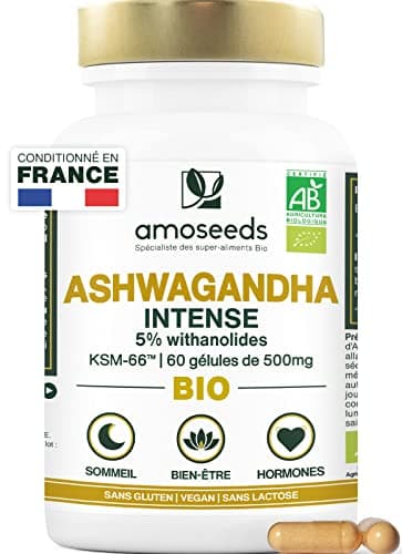 Ashwagandha BIO Breveté KSM-66TM | Extra Fort : 5% withanolides | Stress, Sommeil, Énergie, Bien-Être | 60 gélules vegan de 500mg | Qualité Supérieure