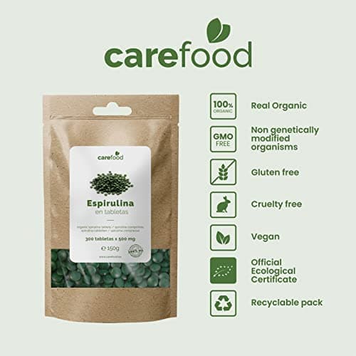Carefood - Spiruline Bio - 300 Comprimés de Superfood 100% Biologiques Adaptés aux Véganes - Cure de Super Aliment Naturel à Haute Teneur en Nutriments et Effet Satiétogène - 150 g