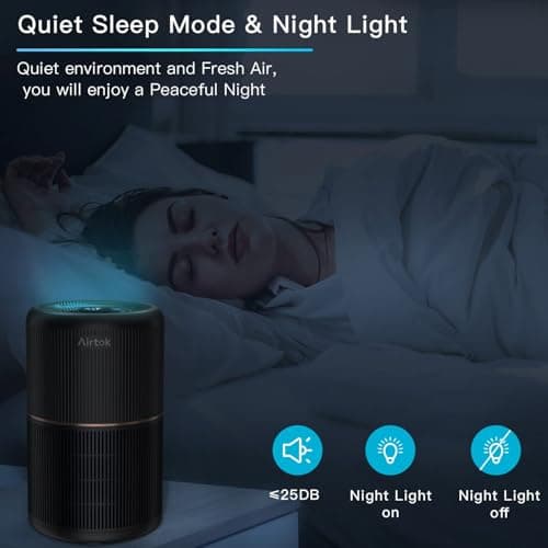 AIRTOK Purificateur d'air avec éponge parfumée, Purificatore d'aria H13 HEPA élimine 99,97% de la poussière, de la fumée et des odeurs d'animaux, air purifier avec veilleuse | 3 niveaux de vitesse