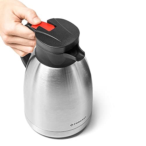 Forgast Thermos de conférence | Acier inoxydable | Capacité 1,5 litres | Rabat avec bouton et poignée en plastique | pour boissons froides et chaudes | Facile à nettoyer | Lavable au lave-vaisselle