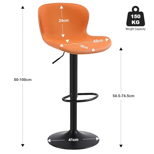 Youhauchair Tabouret Bar, Tabouret de Bar Réglable en Hauteur en Cuir PU, Chaise de Bar avec Dossier et Repose-Pieds, Chaise Haute Cuisine Pivotant, Moderne, Orange