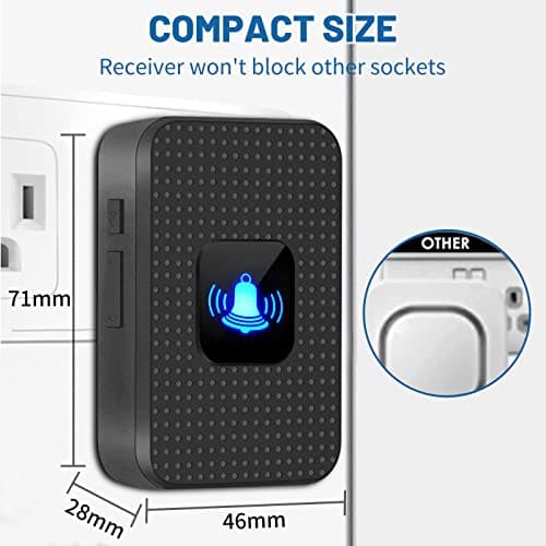 Nestling Sonnette sans Fil, Mini Sonnette de Porte IP55 Exterieur Étanche Kit de Carillon Electronique Portée 300M, 55 Mélodies au 5 Niveaux Volumes, LED Bleu pour Maison Bureau Hôtel Urgence, Noir