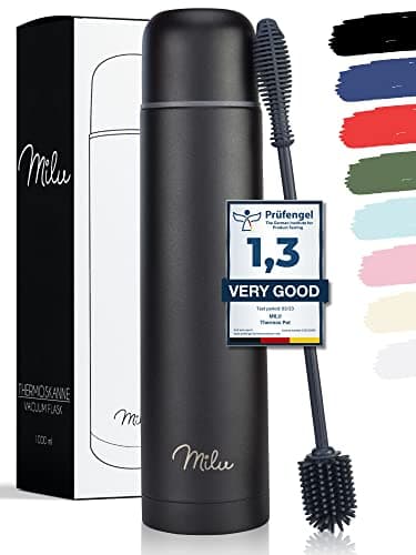 Milu Bouteille isotherme en acier inoxydable - 1L, 750ml, 500ml - Thermo Double Paroi, Sans BPA, Transport Café, Thé, Eau (Noir, 1000 ml)