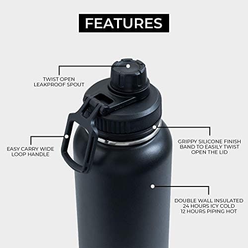 BOZ - Lot de 2 Gourdes Isothermes En Acier Inoxydable 1L, Sans BPA, Double Isolation Sous Vide | Gourdes de Camping et Randonnée Avec Couvercle Anti Germe, Bouteilles d'Eau 1 Litre, (Blanc + Noir)