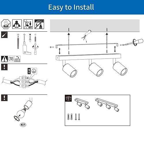 ANWIO Plafonnier Spots, 3 Spots de Plafond Led Intérieurs Base E27, Spots de Plafond Blancs avec Base Rectangulaire, Spots de Plafond LED Rotatifs (Sans Ampoules).